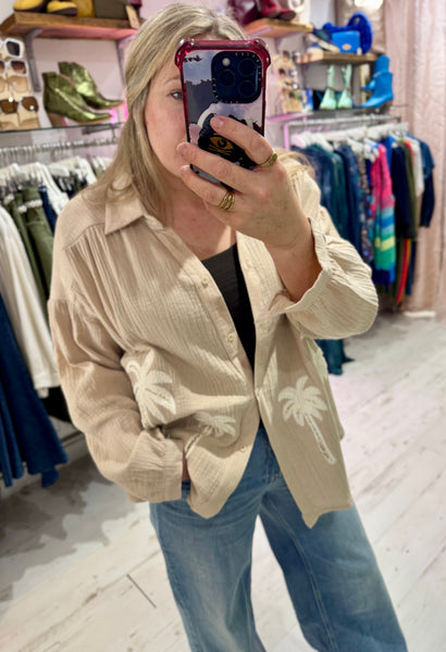 Cotton Cheesecloth Palm Detail Shirt | Oatmeal