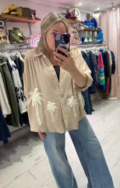 Cotton Cheesecloth Palm Detail Shirt | Oatmeal