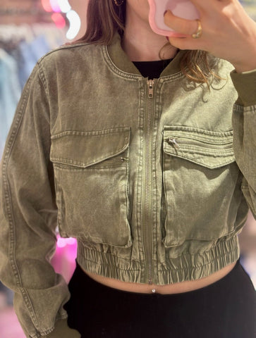 ForevaYoung Cropped Denim Style Bomber Jacket | Khaki