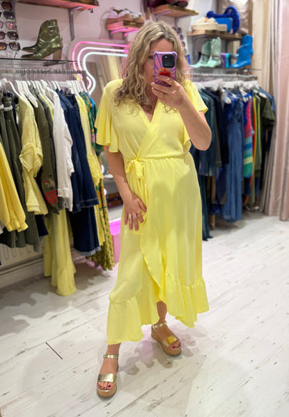 Ruffle Detail Wrap Midi Dress | Lemon Yellow