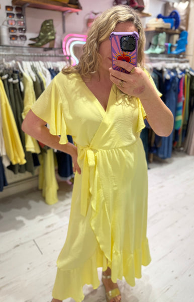 Ruffle Detail Wrap Midi Dress | Lemon Yellow