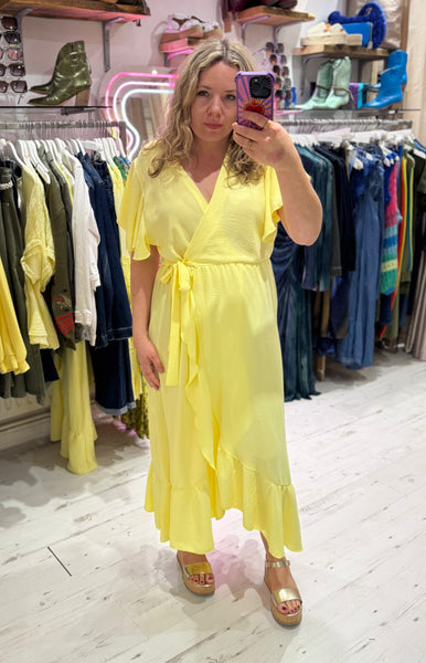 Ruffle Detail Wrap Midi Dress | Lemon Yellow