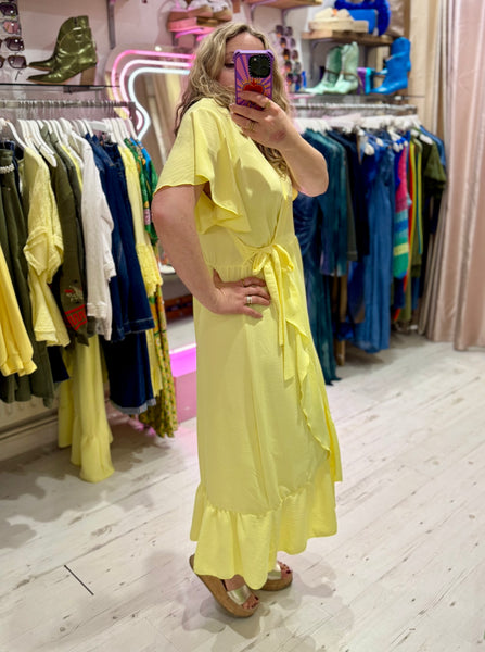 Ruffle Detail Wrap Midi Dress | Lemon Yellow