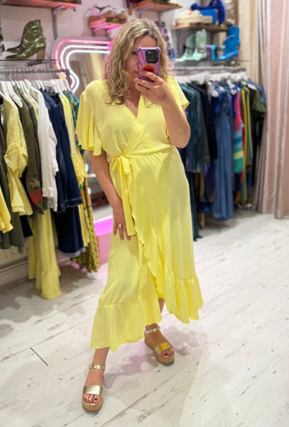 Ruffle Detail Wrap Midi Dress | Lemon Yellow