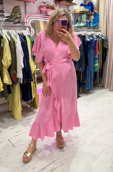 Ruffle Detail Wrap Midi Dress | Pink