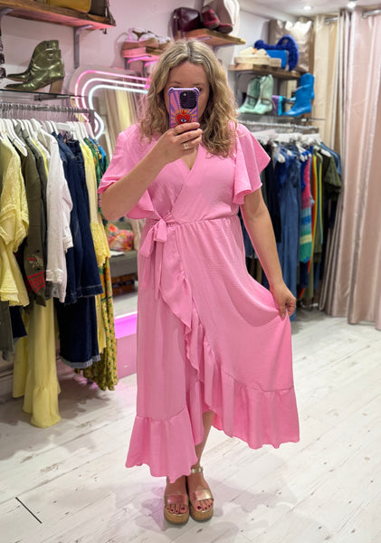 Ruffle Detail Wrap Midi Dress | Pink