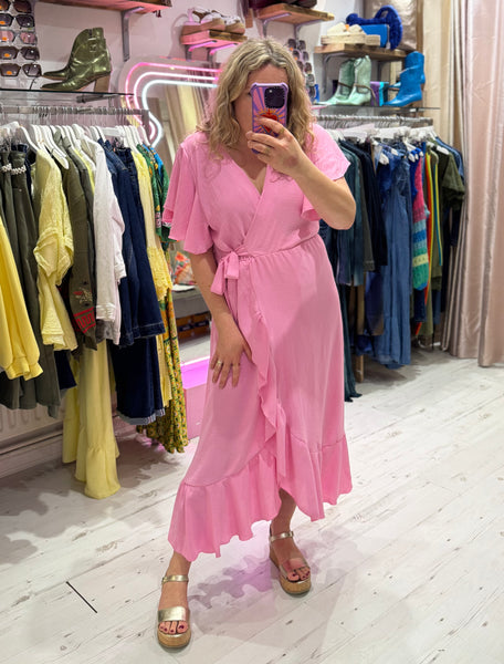 Ruffle Detail Wrap Midi Dress | Pink