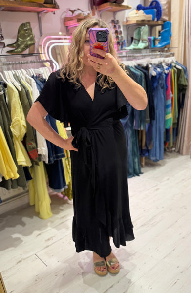 Ruffle Detail Wrap Midi Dress | Black