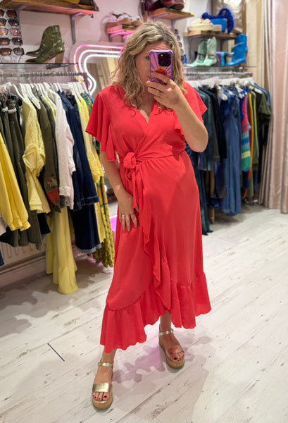 Ruffle Detail Wrap Midi Dress | Coral