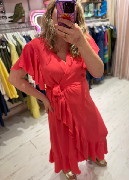 Ruffle Detail Wrap Midi Dress | Coral
