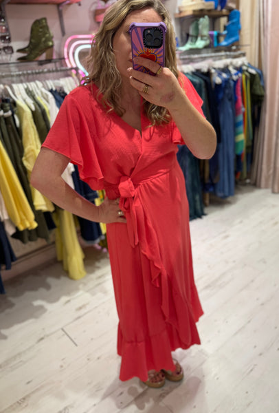 Ruffle Detail Wrap Midi Dress | Coral