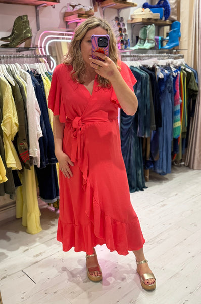 Ruffle Detail Wrap Midi Dress | Coral