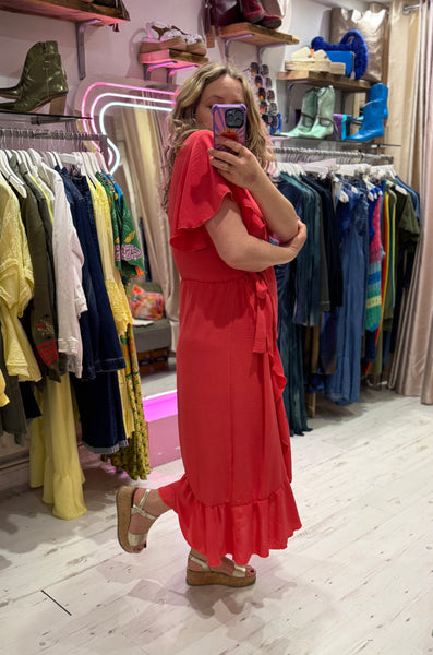 Ruffle Detail Wrap Midi Dress | Coral