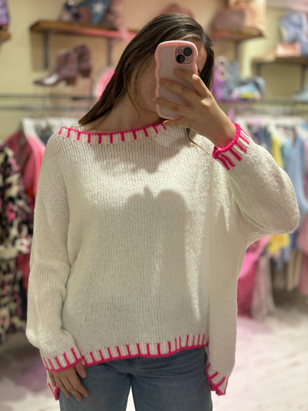 Contrast Stitch Knit Jumper | Cream/Neon Pink