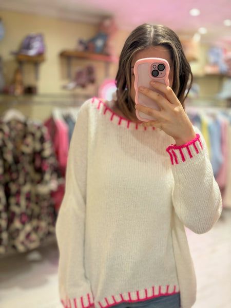 Contrast Stitch Knit Jumper | Cream/Neon Pink