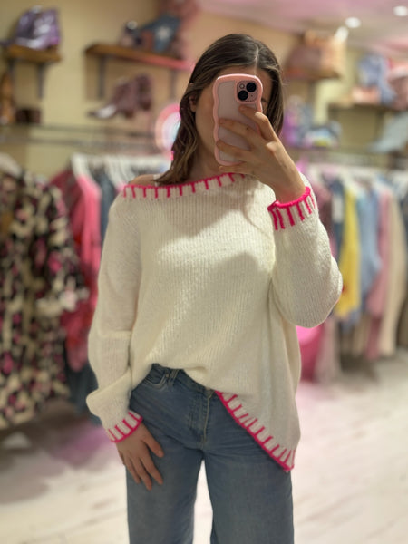 Contrast Stitch Knit Jumper | Cream/Neon Pink