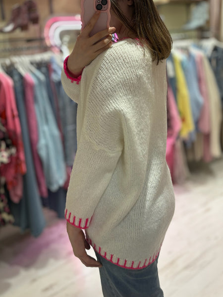 Contrast Stitch Knit Jumper | Cream/Neon Pink