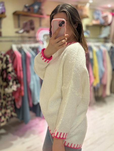 Contrast Stitch Knit Jumper | Cream/Neon Pink