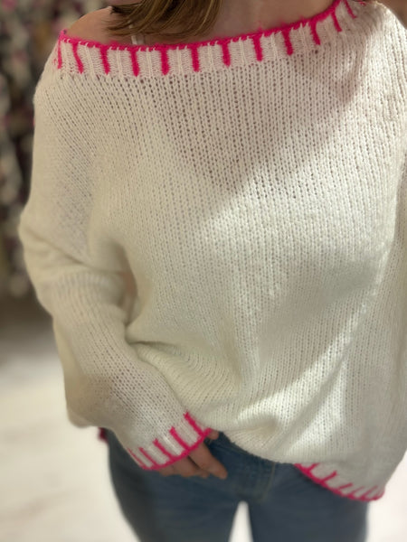 Contrast Stitch Knit Jumper | Cream/Neon Pink