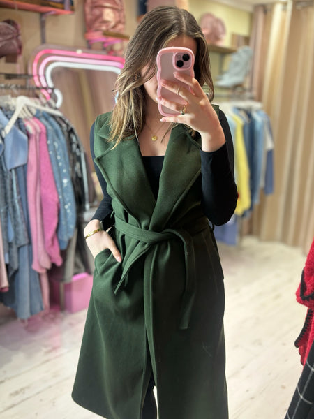 Long Sleeveless Wrap Coat | Olive Green