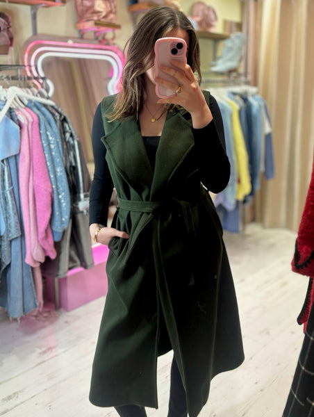 Long Sleeveless Wrap Coat | Olive Green