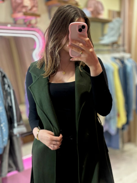 Long Sleeveless Wrap Coat | Olive Green