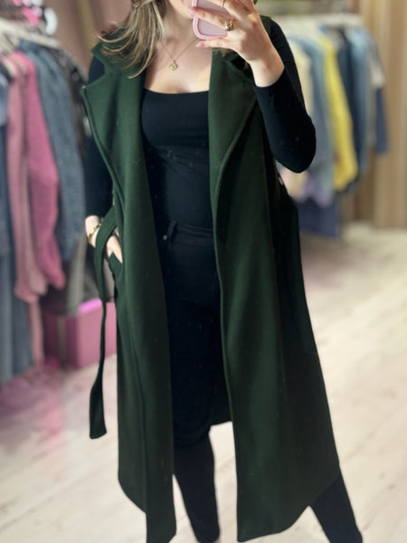 Long Sleeveless Wrap Coat | Olive Green