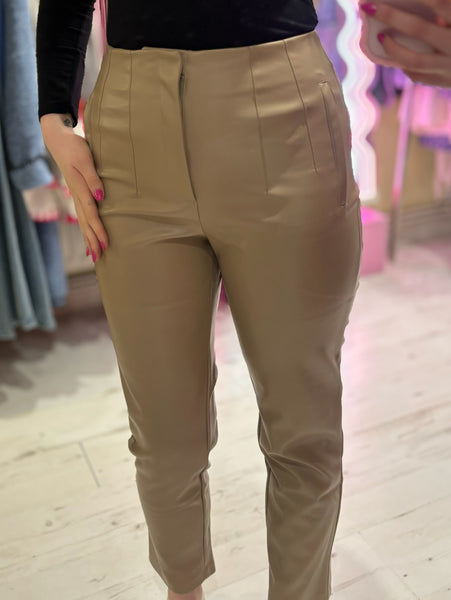 Leather Look Trousers | Taupe