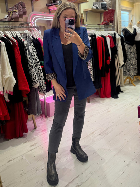 Longline Blazer with  Leopard Cuff Detail | Blue