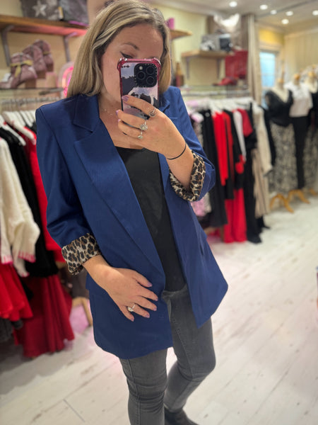 Longline Blazer with  Leopard Cuff Detail | Blue