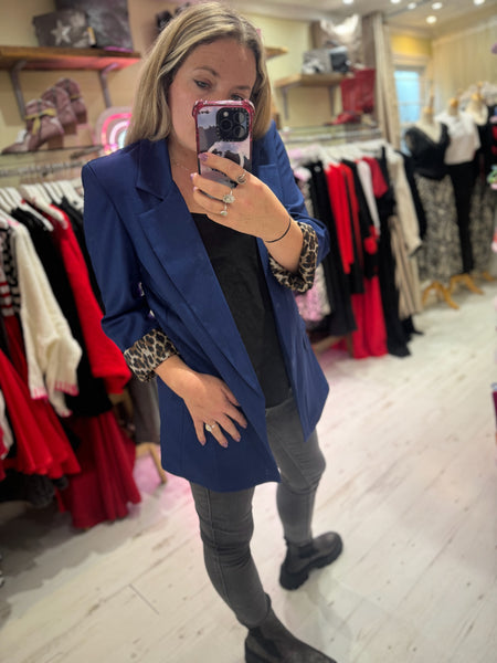 Longline Blazer with  Leopard Cuff Detail | Blue