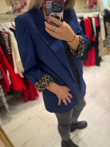 Longline Blazer with  Leopard Cuff Detail | Blue