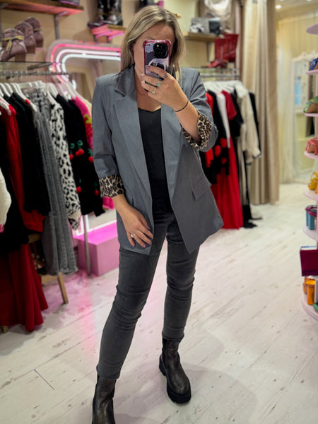 Longline Blazer with  Leopard Cuff Detail | Grey