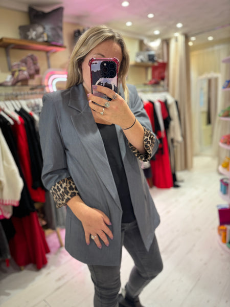 Longline Blazer with  Leopard Cuff Detail | Grey