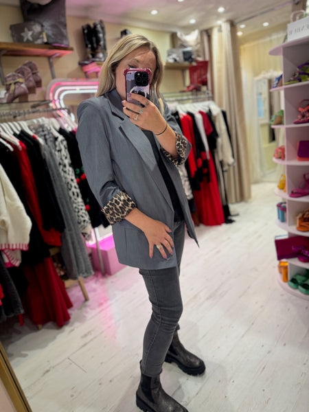 Longline Blazer with  Leopard Cuff Detail | Grey