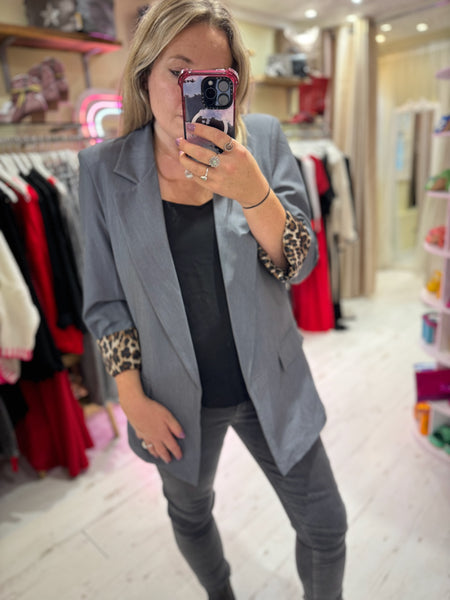 Longline Blazer with  Leopard Cuff Detail | Grey