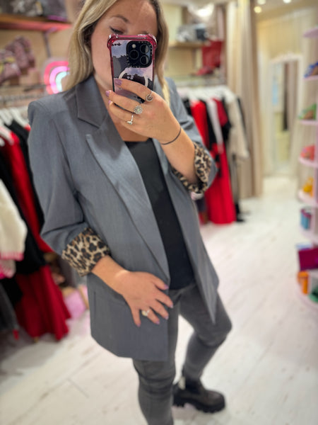 Longline Blazer with  Leopard Cuff Detail | Grey