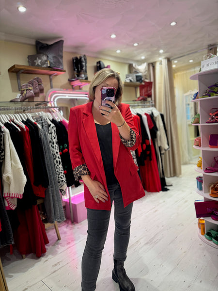 Longline Blazer with  Leopard Cuff Detail | Red