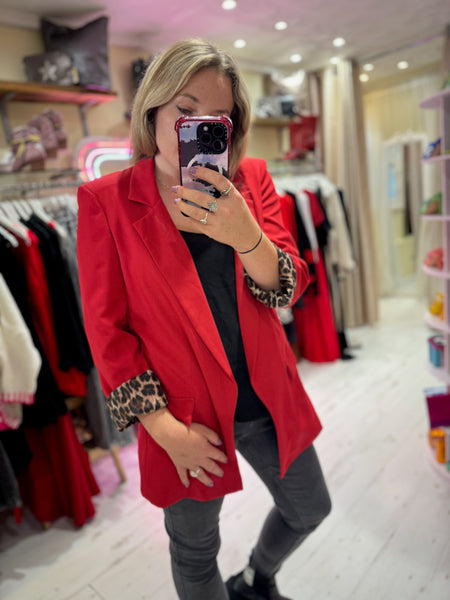 Longline Blazer with  Leopard Cuff Detail | Red