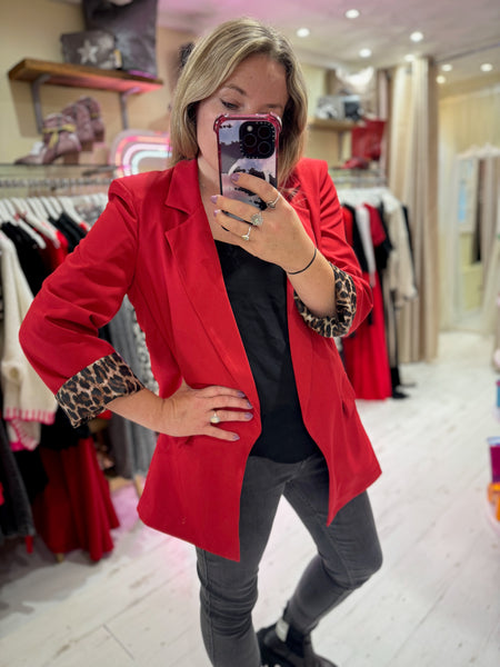 Longline Blazer with  Leopard Cuff Detail | Red