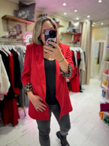 Longline Blazer with  Leopard Cuff Detail | Red