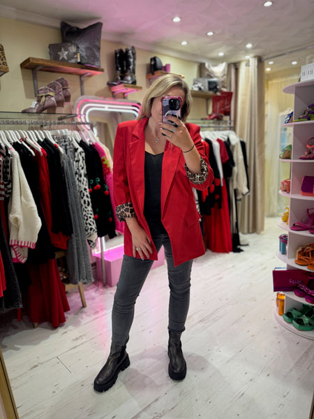 Longline Blazer with  Leopard Cuff Detail | Red