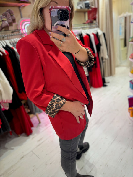 Longline Blazer with  Leopard Cuff Detail | Red