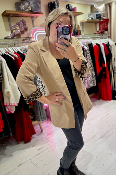 Longline Blazer with  Leopard Cuff Detail | Camel