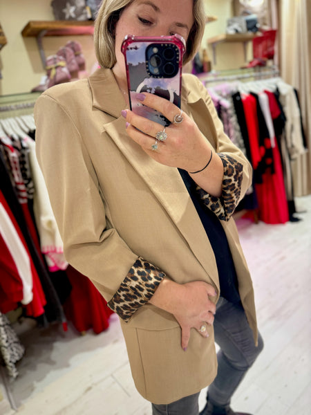 Longline Blazer with  Leopard Cuff Detail | Camel