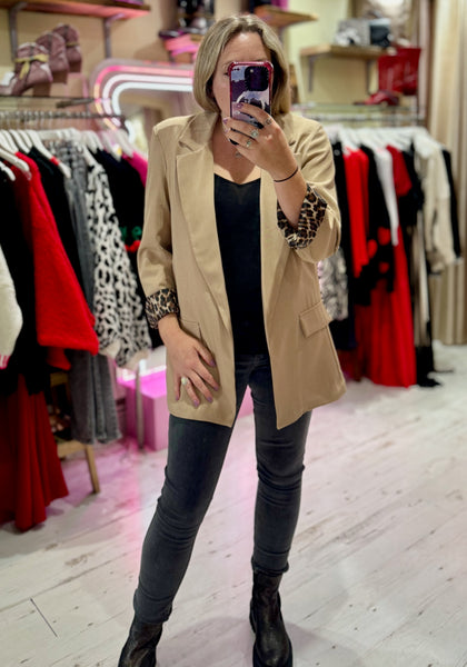 Longline Blazer with  Leopard Cuff Detail | Camel