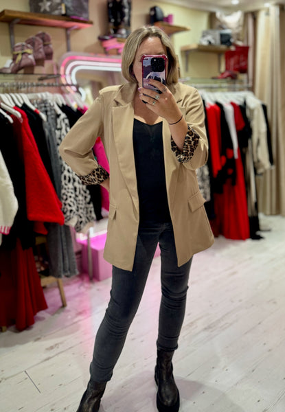 Longline Blazer with  Leopard Cuff Detail | Camel