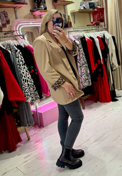 Longline Blazer with  Leopard Cuff Detail | Camel