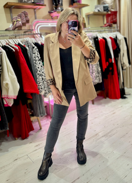 Longline Blazer with  Leopard Cuff Detail | Camel