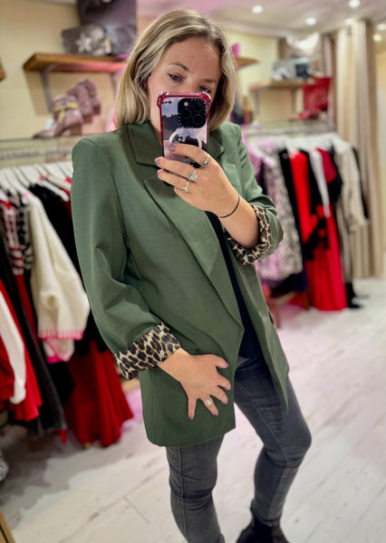 Longline Blazer with  Leopard Cuff Detail | Khaki